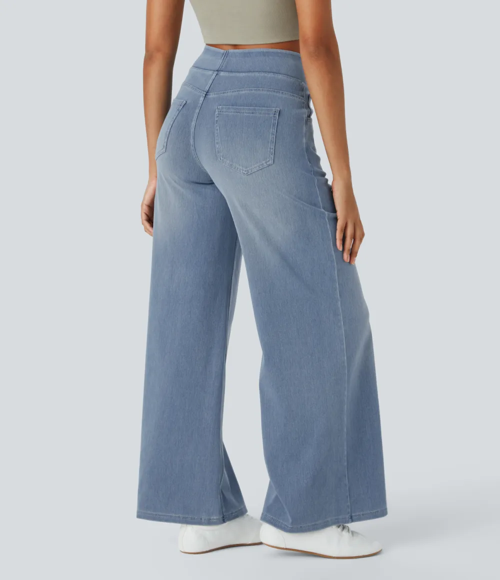 Magic High Waisted Multiple Pockets Wide Leg Washed Stretchy Knit Casual Jeans