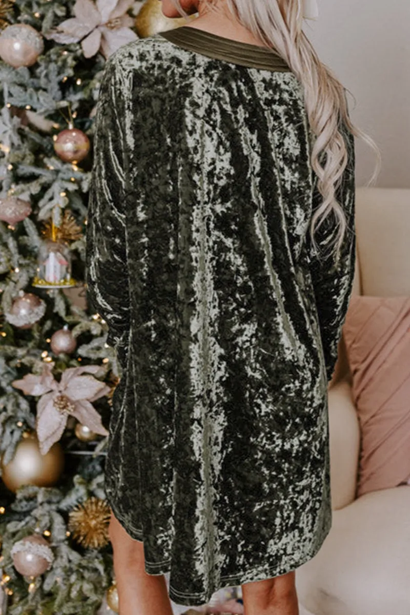 Velvet Long Sleeve V Neck Loose Dress with Pockets