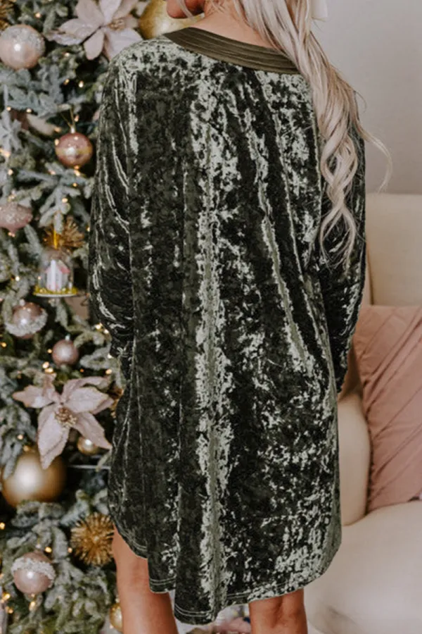 Velvet Long Sleeve V Neck Loose Dress with Pockets