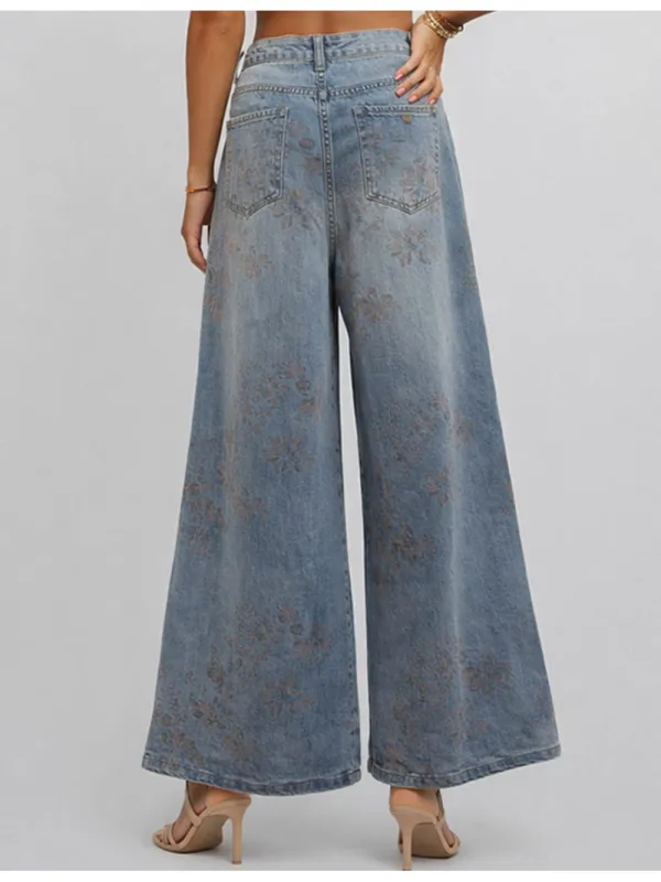 Jacquard Jeans Wide Leg Pockets Denim Pants