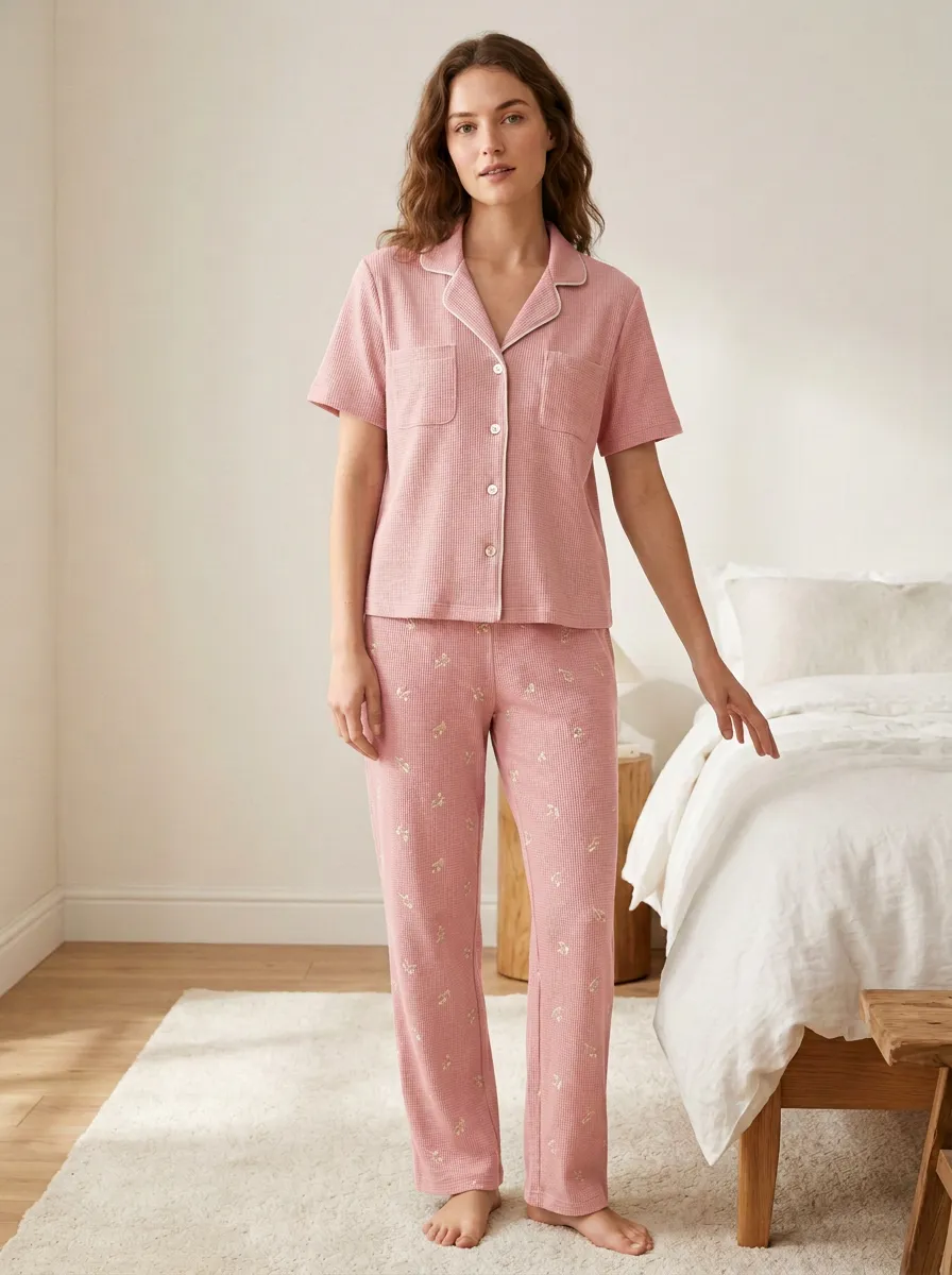 Women's Floral Waffle Knit Sage Green Printed Pajama Set