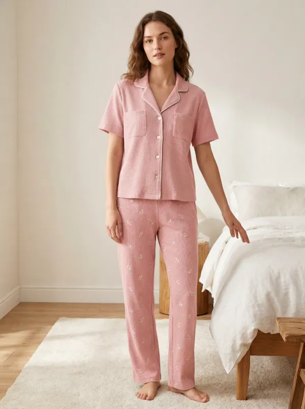 Women's Floral Waffle Knit Sage Green Printed Pajama Set