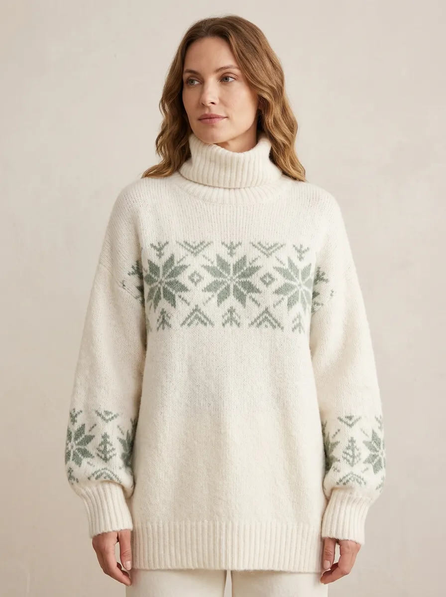 Women's Ribbed Long-Sleeve Geometric Pine-Tree Turtleneck Sweater