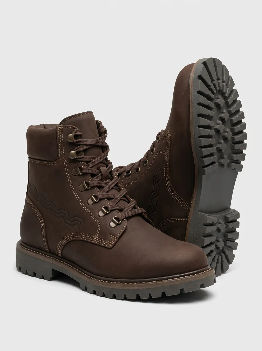 Unisex Leather Zigzag Pattern Print Work Boots