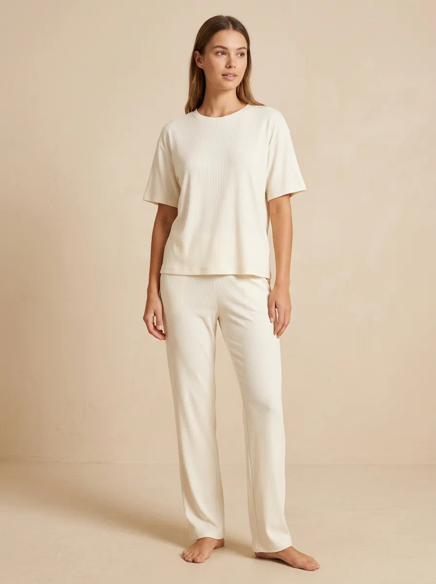 Solid Ribbed Knit Loungewear Set