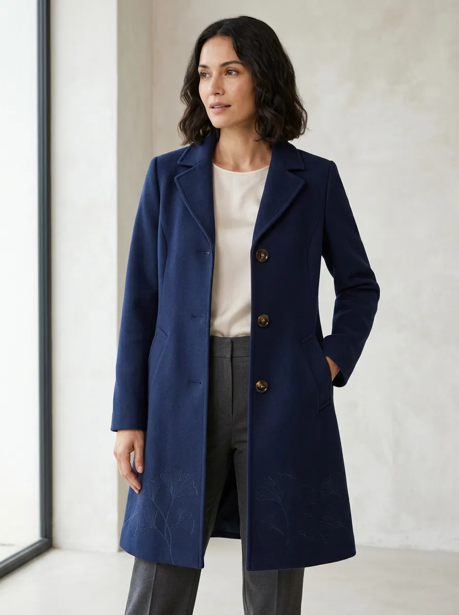Women's Ginkgo Leaf Embroidered Navy Coat