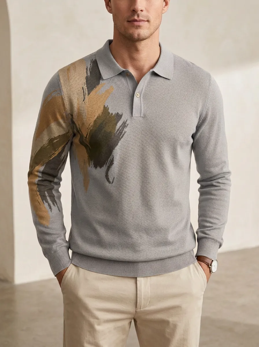 Men's Abstract Brushstroke Pattern Printed Long Sleeve Polo Shirt Relaxed Design