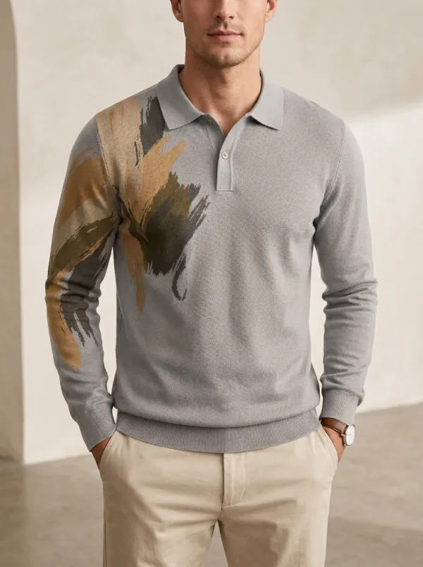 Men's Abstract Brushstroke Pattern Printed Long Sleeve Polo Shirt Relaxed Design