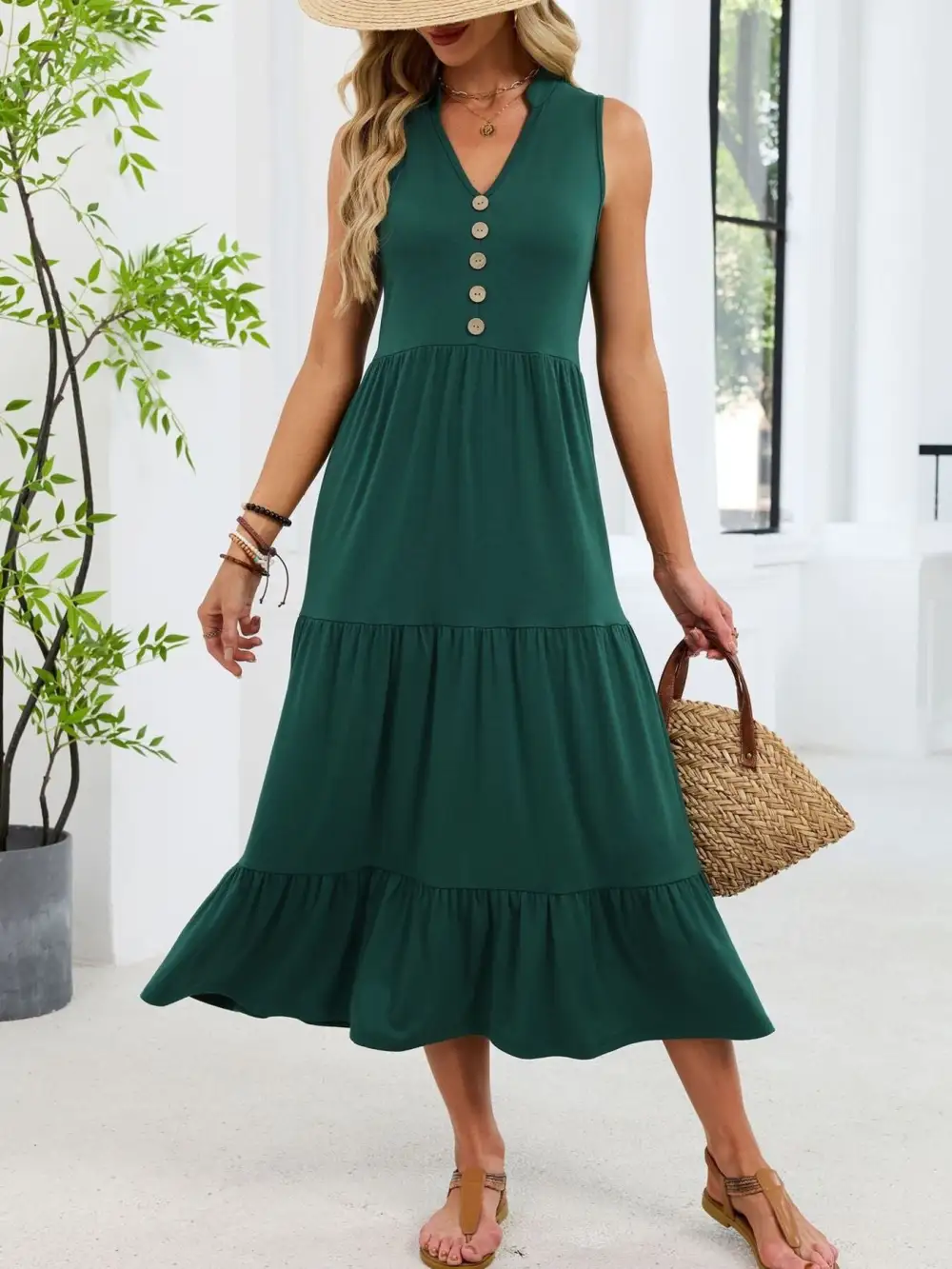 Sleeveless Notched Tiered Midi Dress