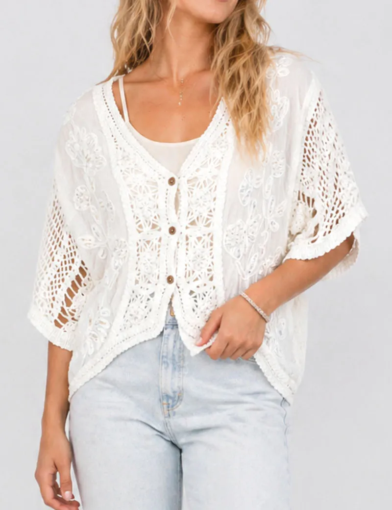 Boho Embroidery Crochet Knit Sleeves Cardigan