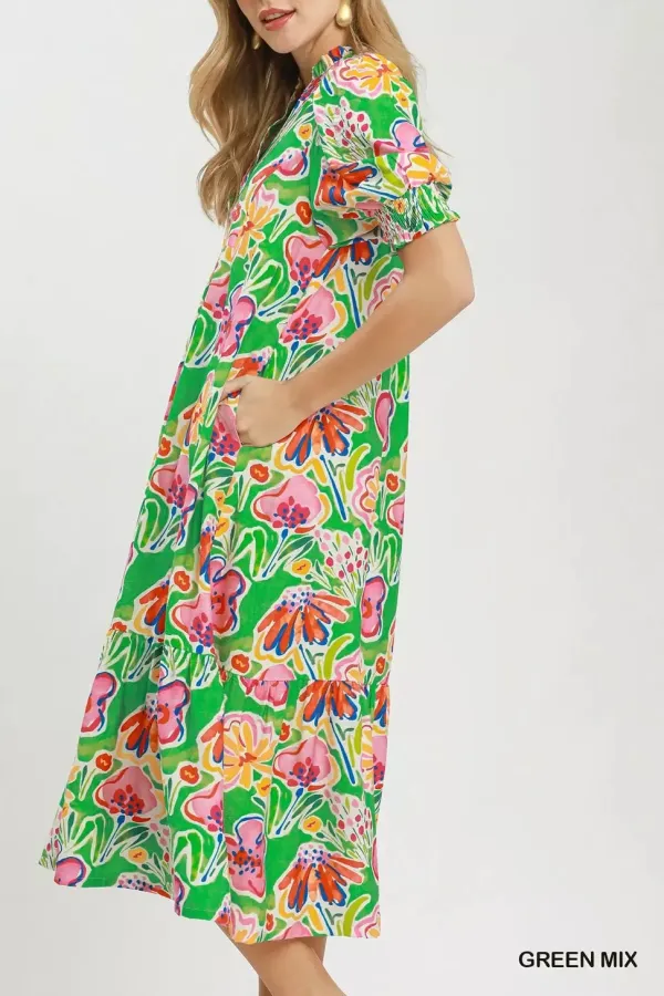 Floral Print Puff Sleeve Tiered Pocketed Midi Dress