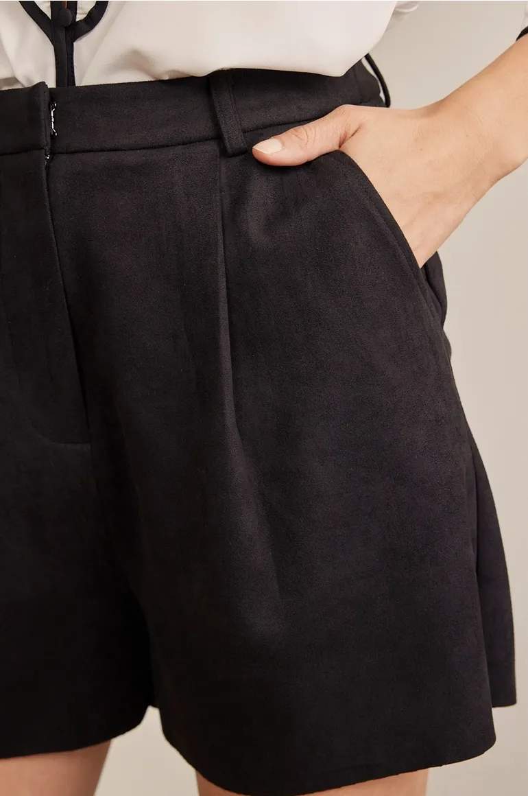 Black Faux Suede Pleated Mini Shorts