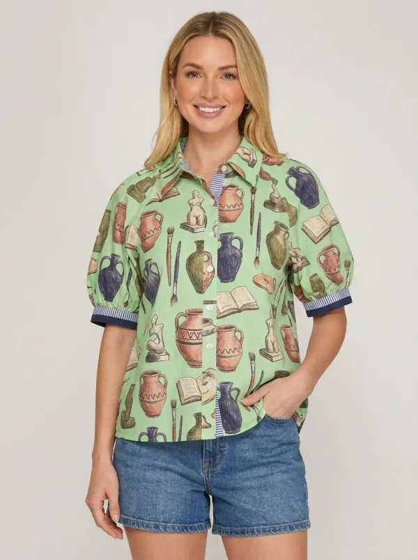 Women's Pottery Art Lover Vase Book Printed Shirt