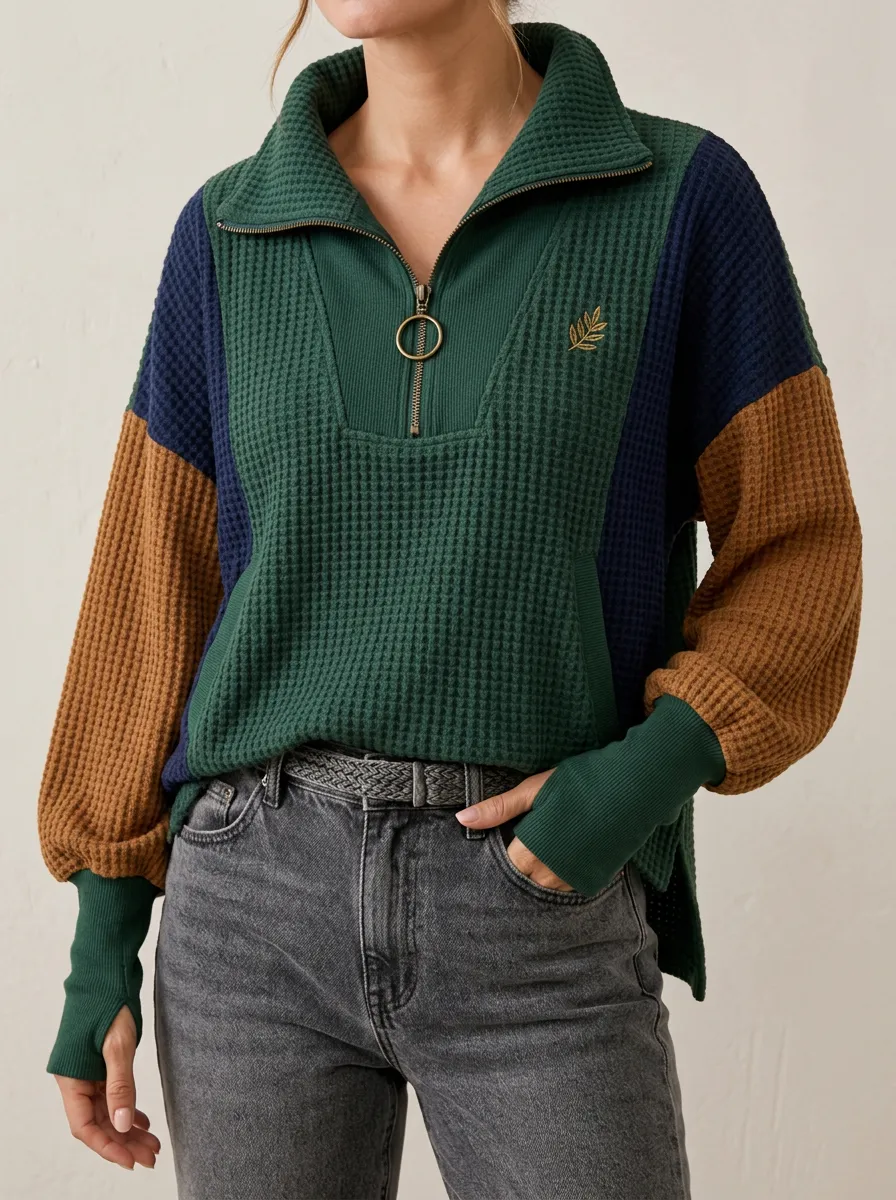 Textured Casual Colorblock Leaf Embroidered Waffle Knit Quarter Zip Top
