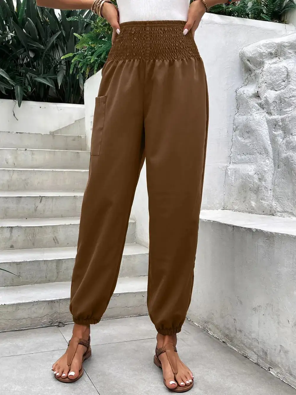 Jogger High Waist Smocked Waist Pocketed Pants