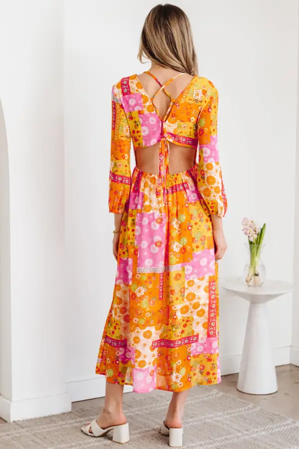 Floral Patchwork Print Cut Out Tied Back Bracelet Sleeve Maxi Dress