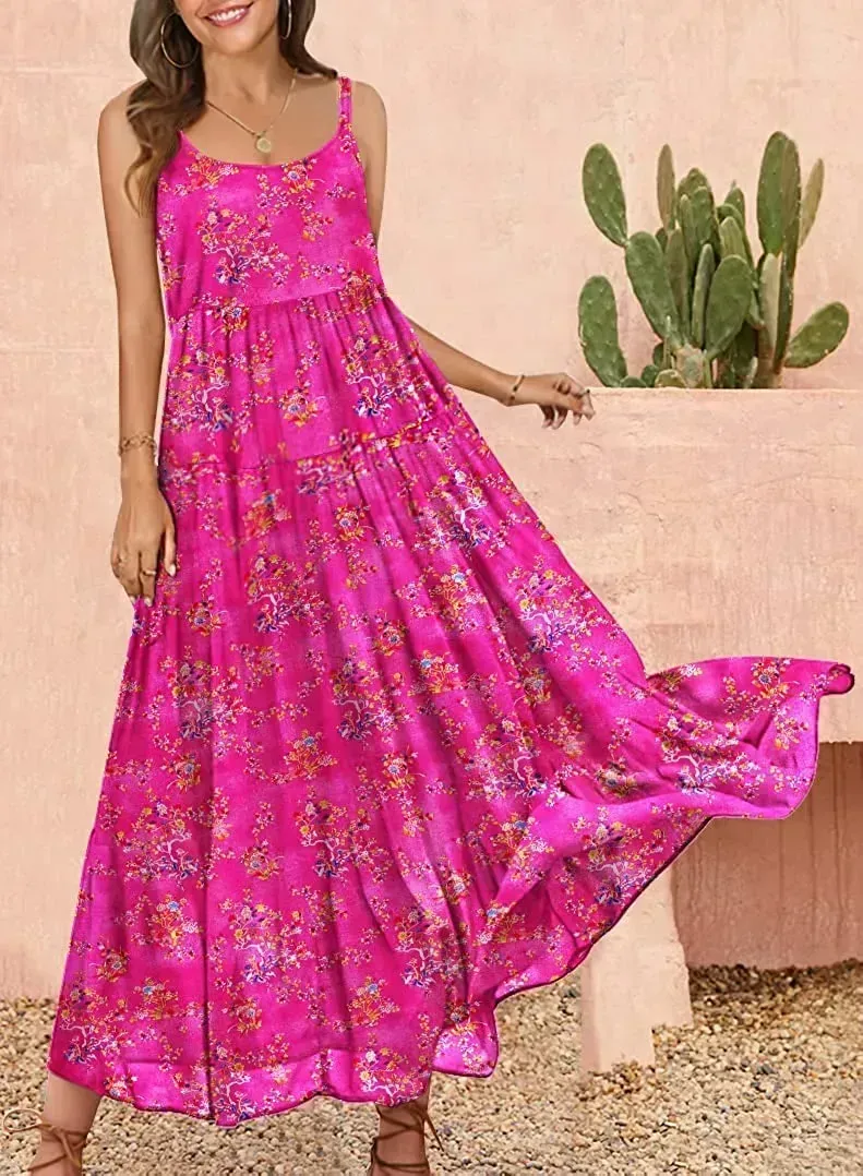 Summer Dresses for Women Casual Loose Bohemian Floral Dress with Pockets Spaghetti Strap Maxi Dress E75