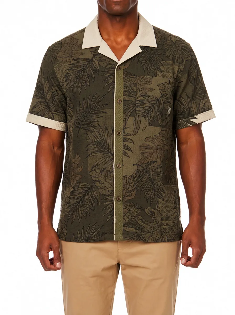Men's Tropical Botanical Leaf Printed Camp Collar Shirt