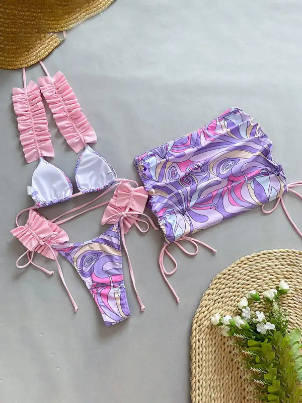 Layered Ruffled Edge Split Bikini Swim Set