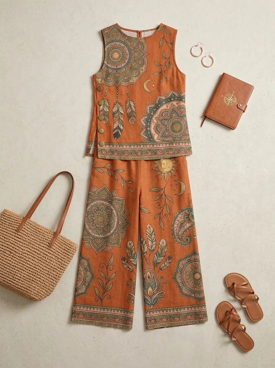 Women's Boho Mandala Feather Printed Sleeveless Set