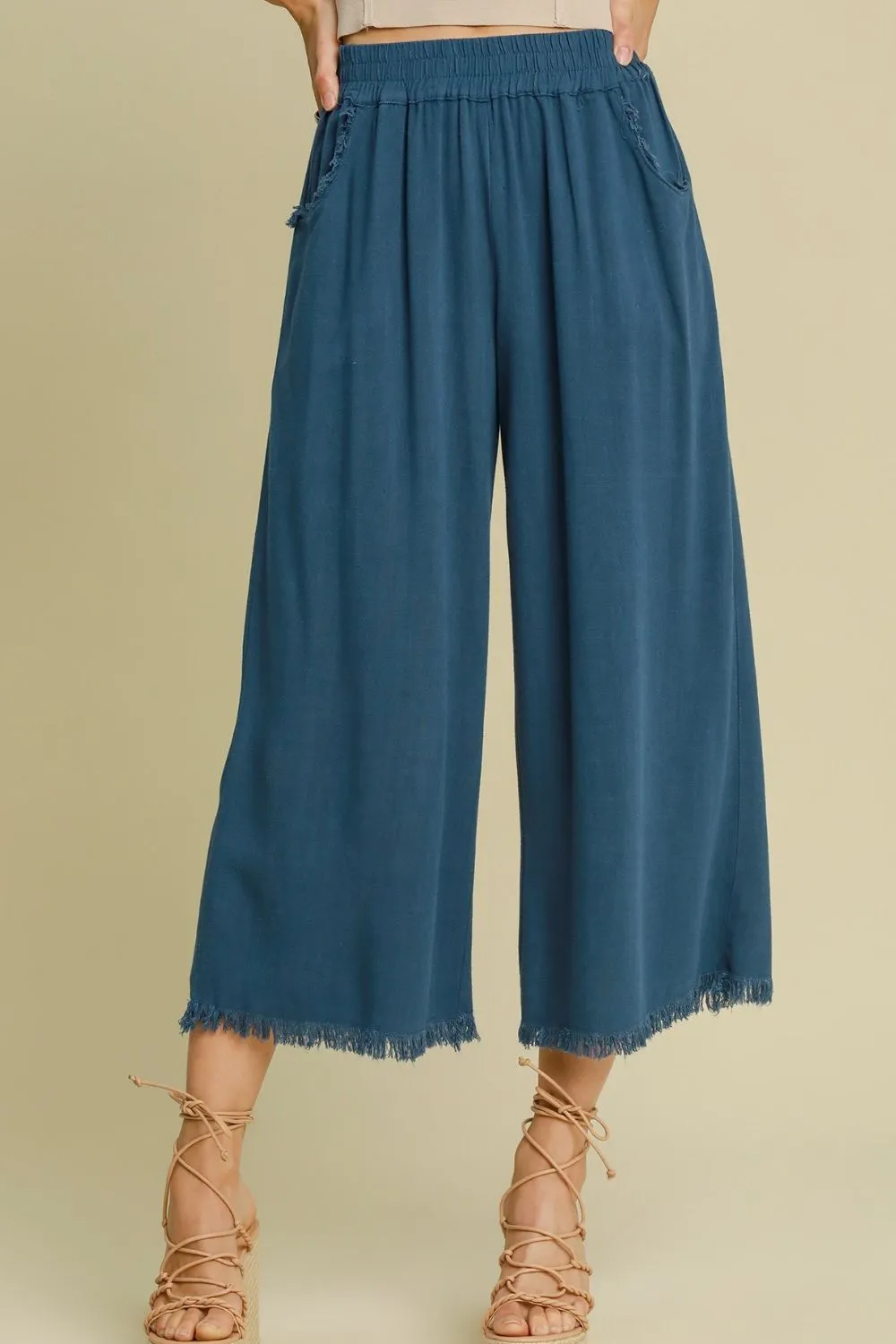 Linen Blend Elastic Waistband Wide Leg Pants