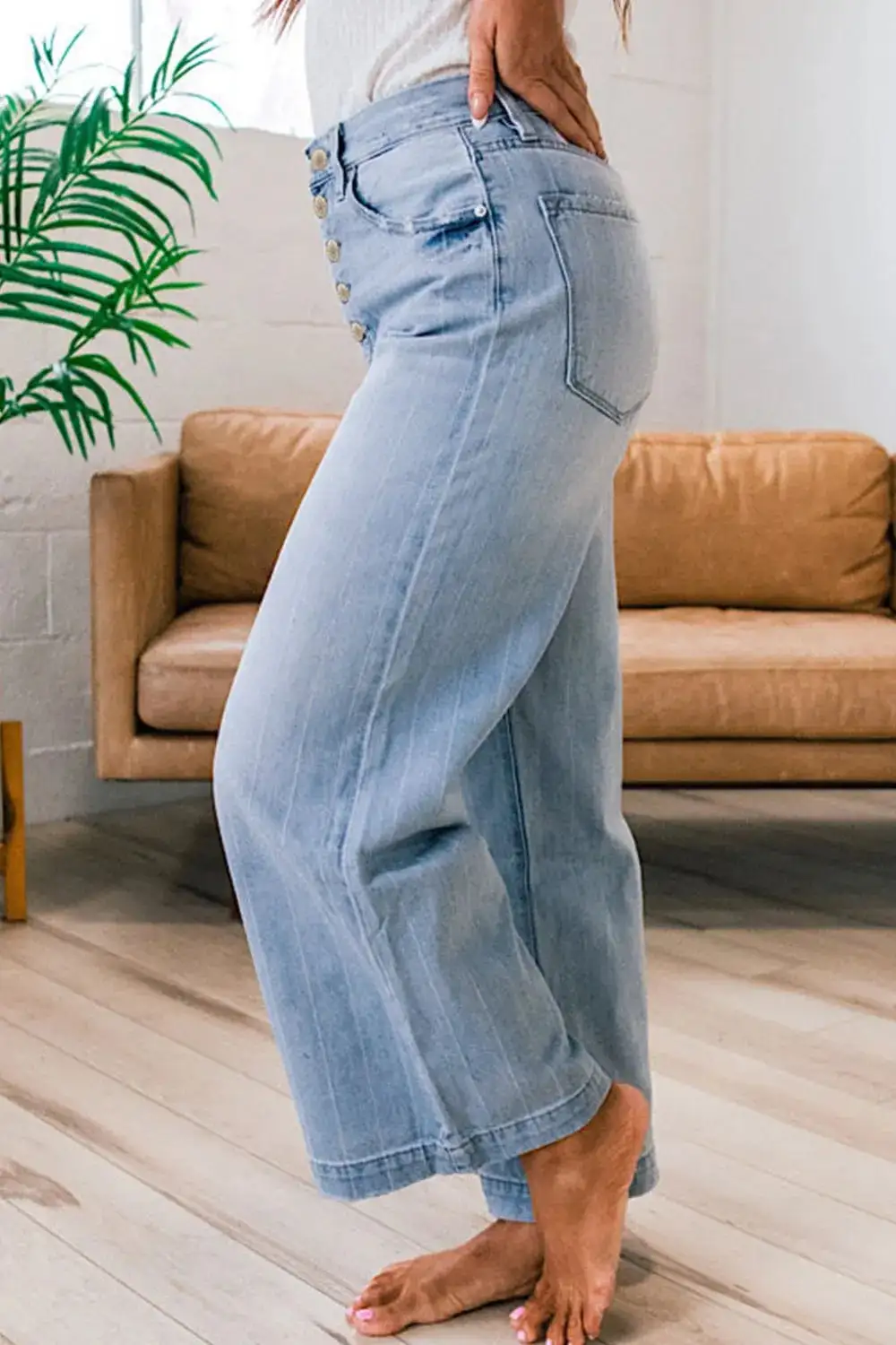 Wide Leg Button Denim Jeans