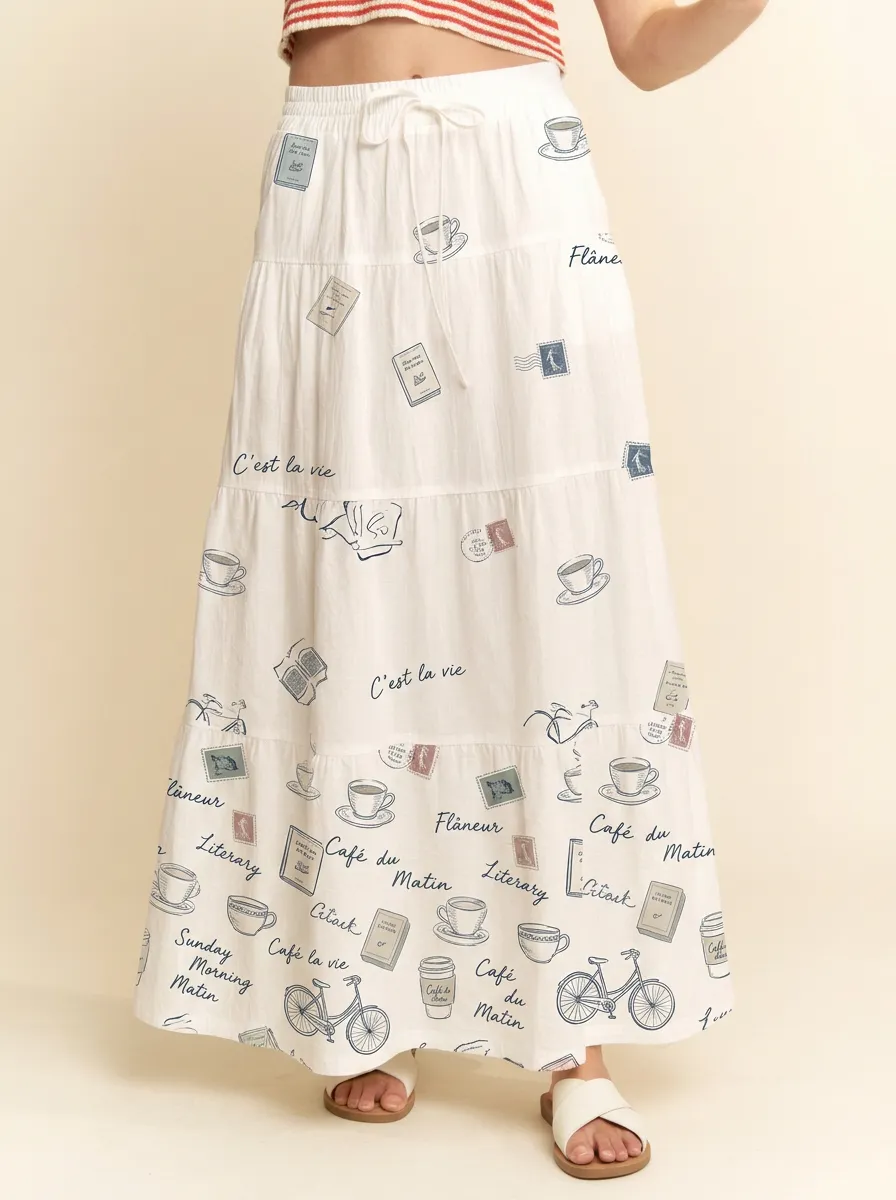 Women's Paris Cafe Book Lover Coffee Stamp Printed Maxi Skirt