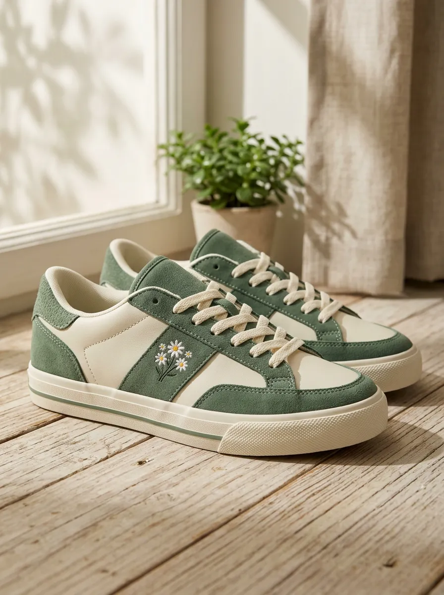 Women's Daisy Flower Embroidered Green Printed Sneakers