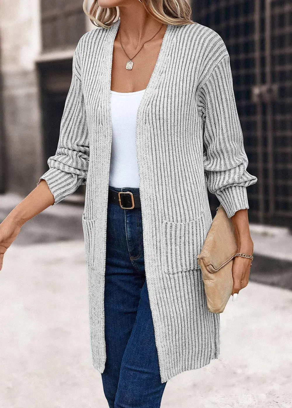 Light Grey Pocket Long Sleeve V Neck Coat