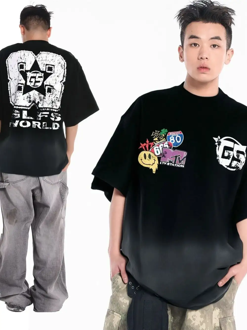 Textured Graphic Crew Neck Oversized Tee