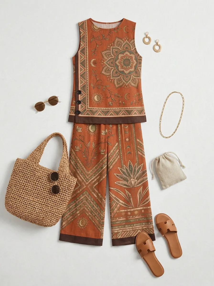 Women's Bohemian Mandala Sun Printed Sleeveless Set