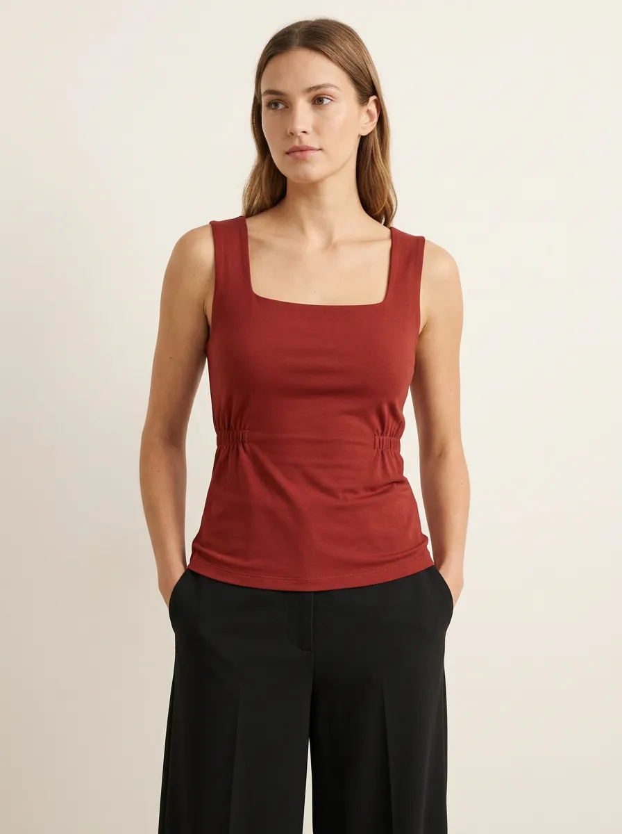 Fitted Square-Neck Waist-Ruched Ruched Tank Top