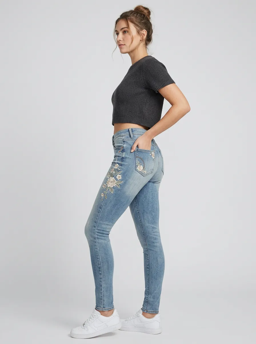 Women's Floral Vintage Rose Embroidered Printed Slim Jeans