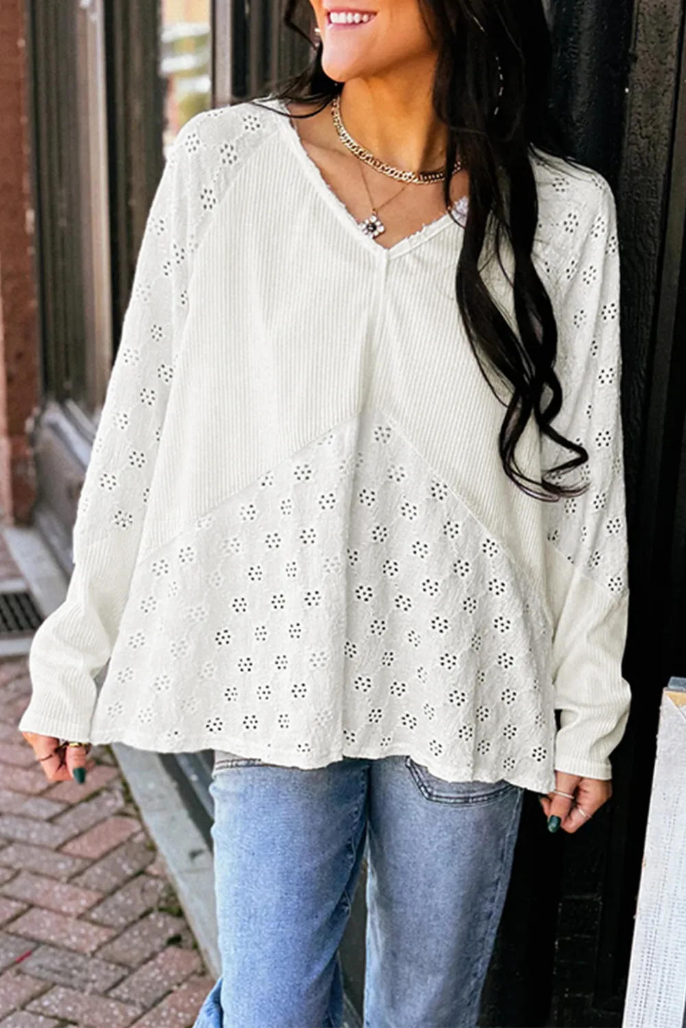White Twisted Rib Patchwork Embroidered Top