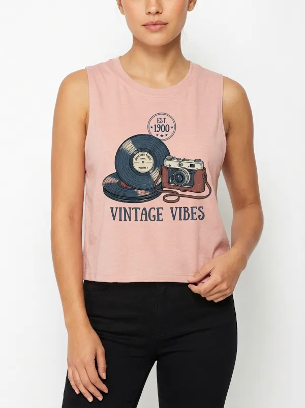 Women's Vintage Vibes Camera Vinyl Record Graphic Tank Top