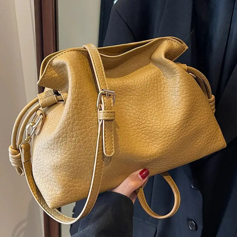 Minimalist Camel Leather Drawstring Shoulder Bag