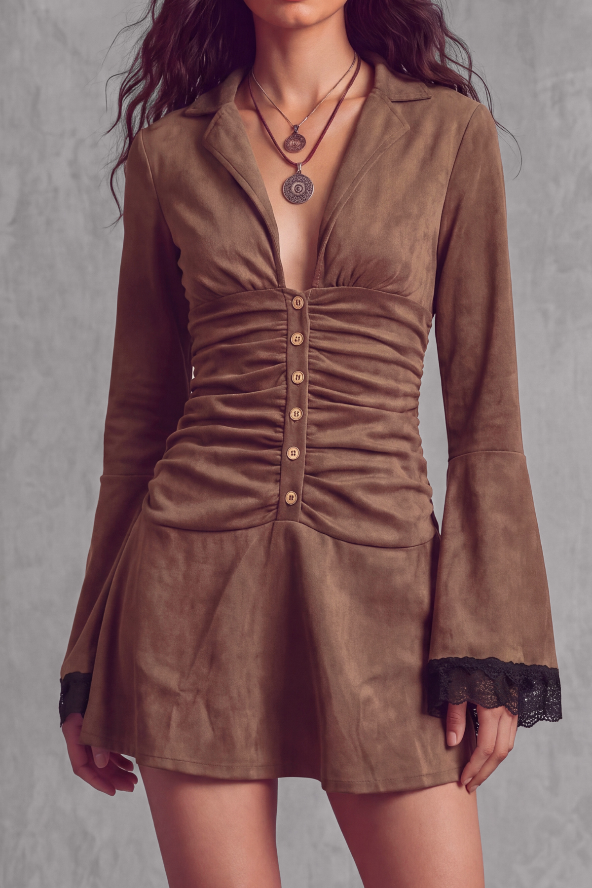 Ruched Button Front Lace Trim Lace Mini Dress