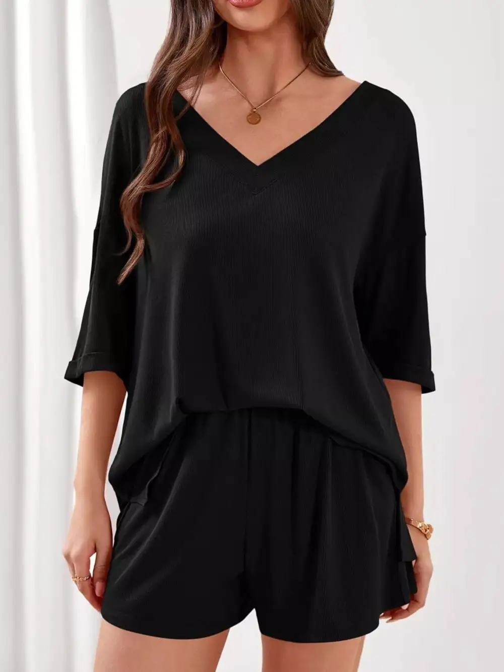 Casual Solid Color V Neck Top and Shorts Set