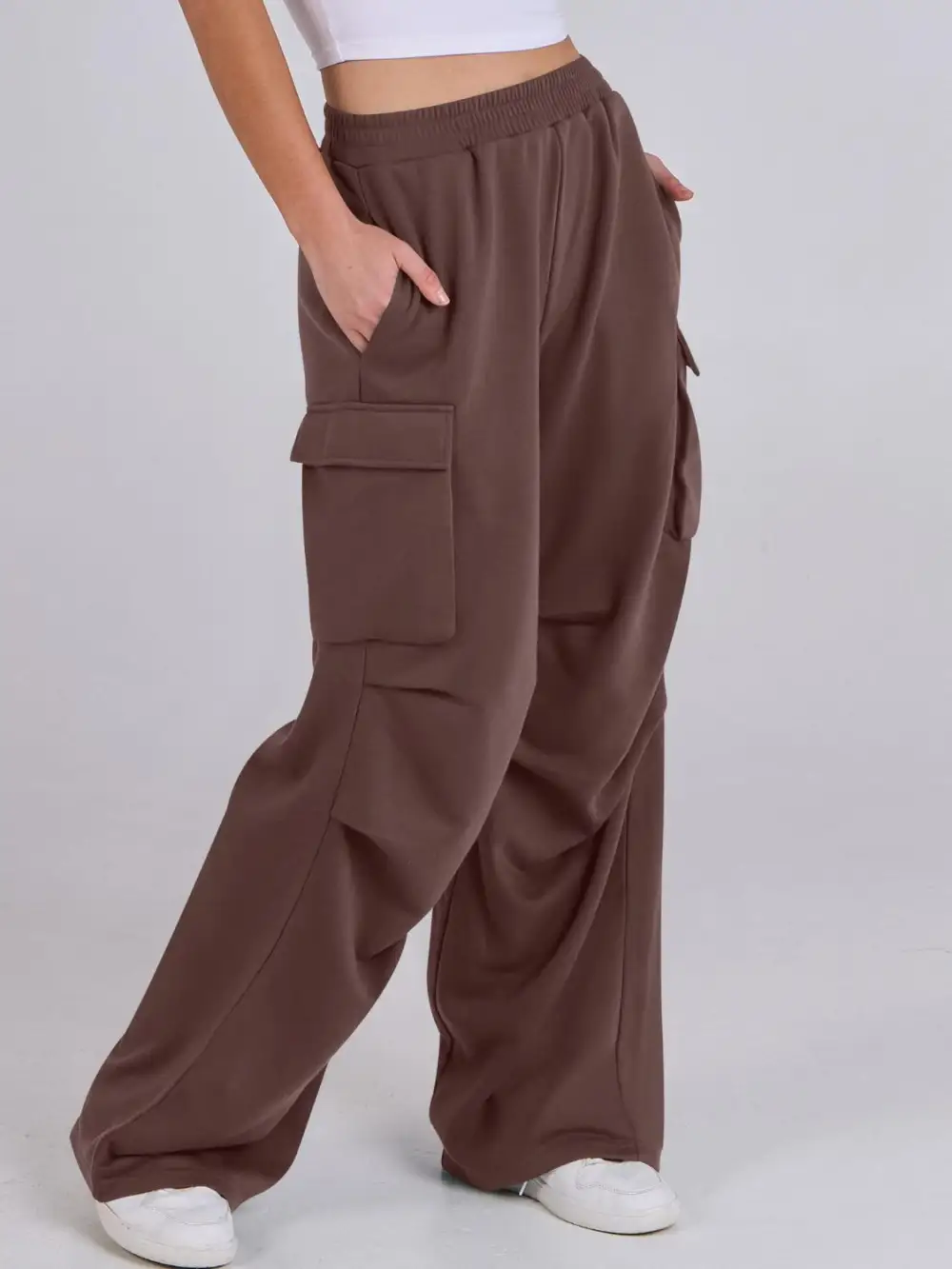 Elastic Waist Wide Leg Pants With Pocket
