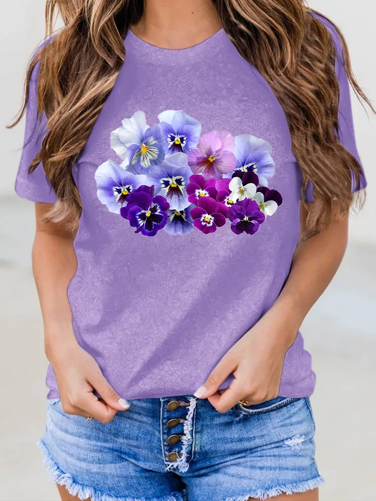 Women's Floral Printed Alzheimer's Awareness Round-Neck T-Shirt