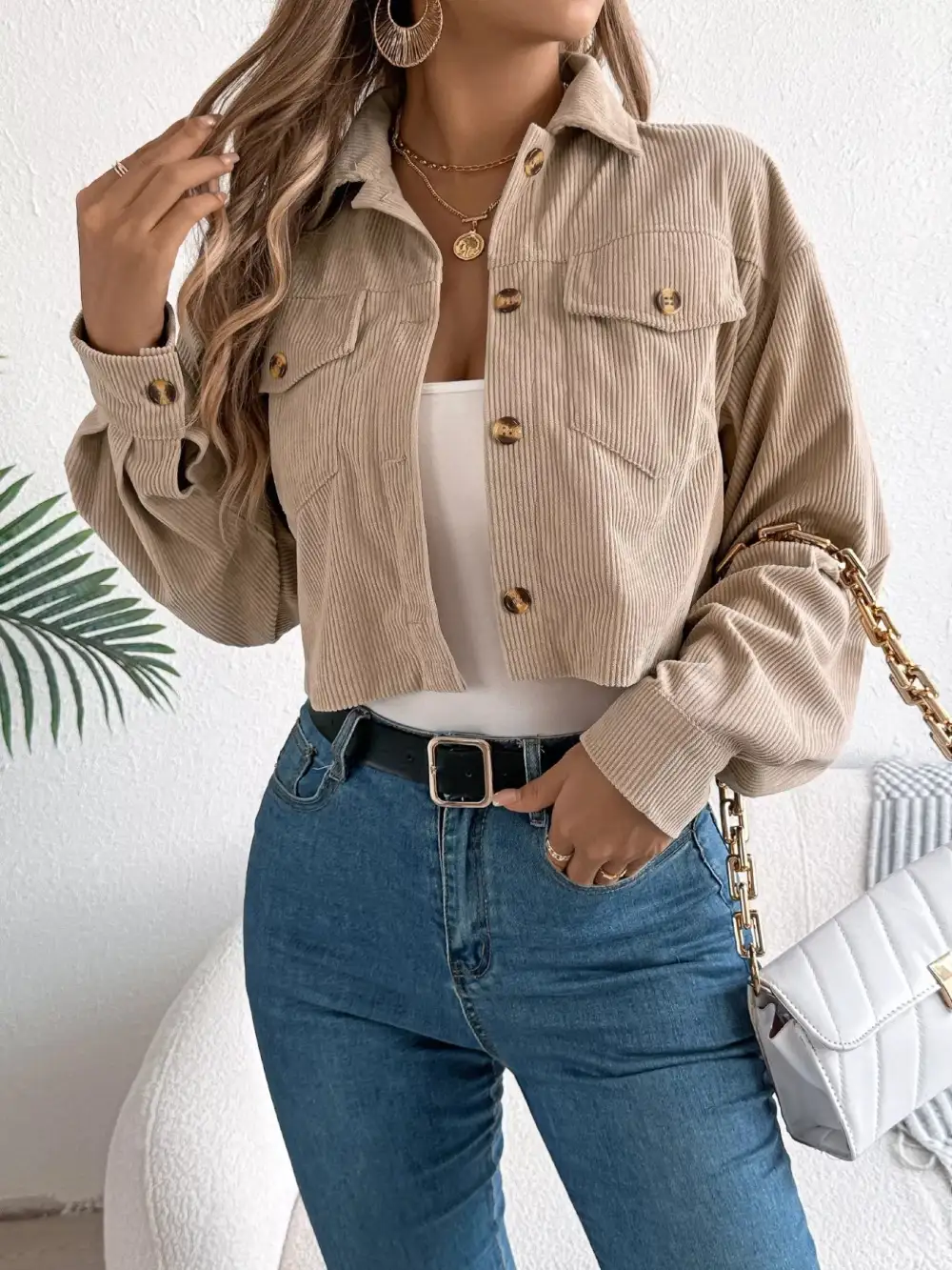 Corduroy Button-up Dropped Shoulder Jacket