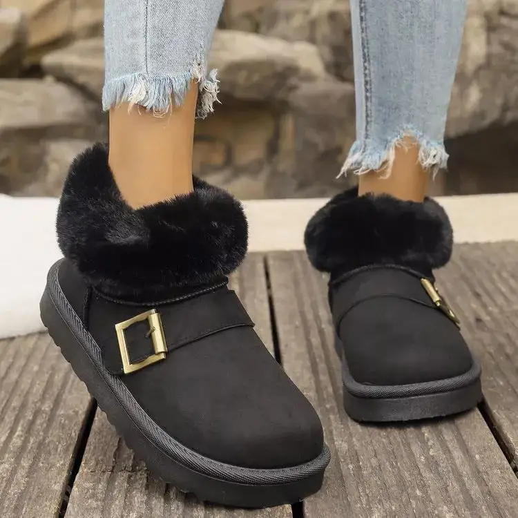 Fuzzy Trim Buckle Accent Winter Boots