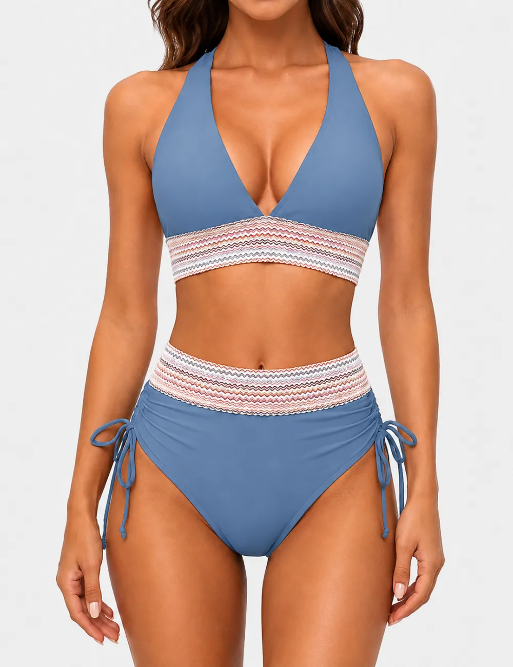 Deep V Neck Colorful Zigzag Smocked Trim Bikini Set