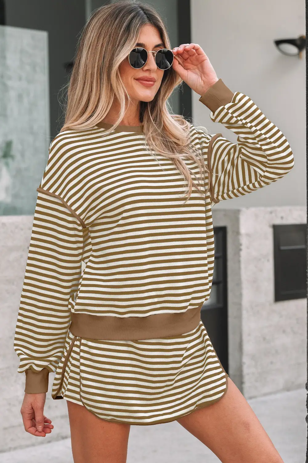 Lightweight Feel Striped Drawstring Drop Shoulder Skirt Set