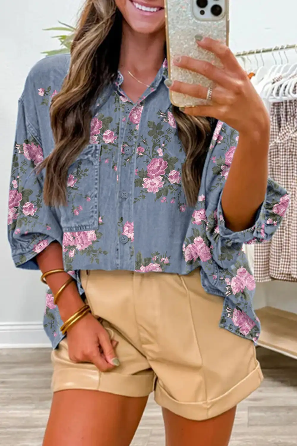 Women's Floral Print Denim Bracelet Sleeve Blouse