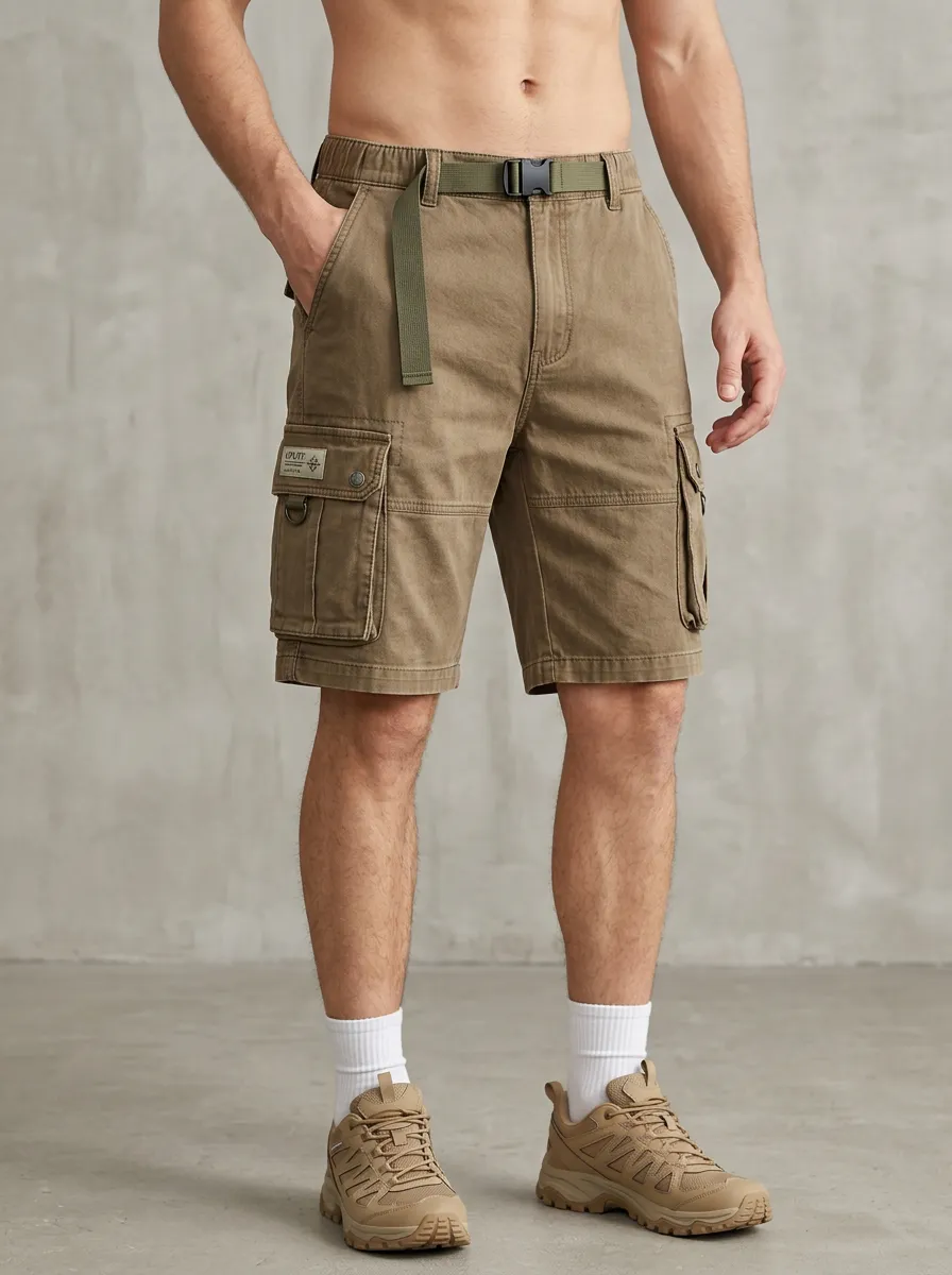 Men's Outdoor Utility Outdoor Tactical Multi-Pocket Belted Cargo Shorts