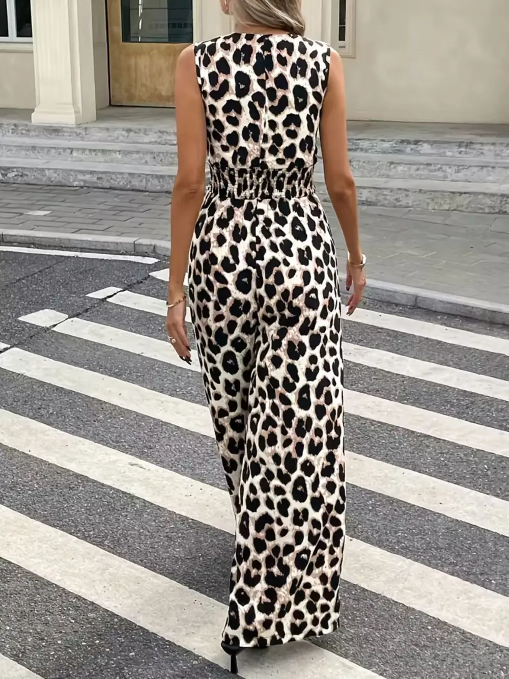 Sleeveless V Neck Leopard Print Wide Jumpsuit