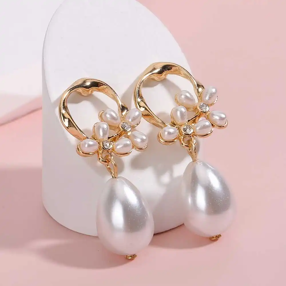 Vintage Flower And Faux Pearl Dangle Earrings Zirconia