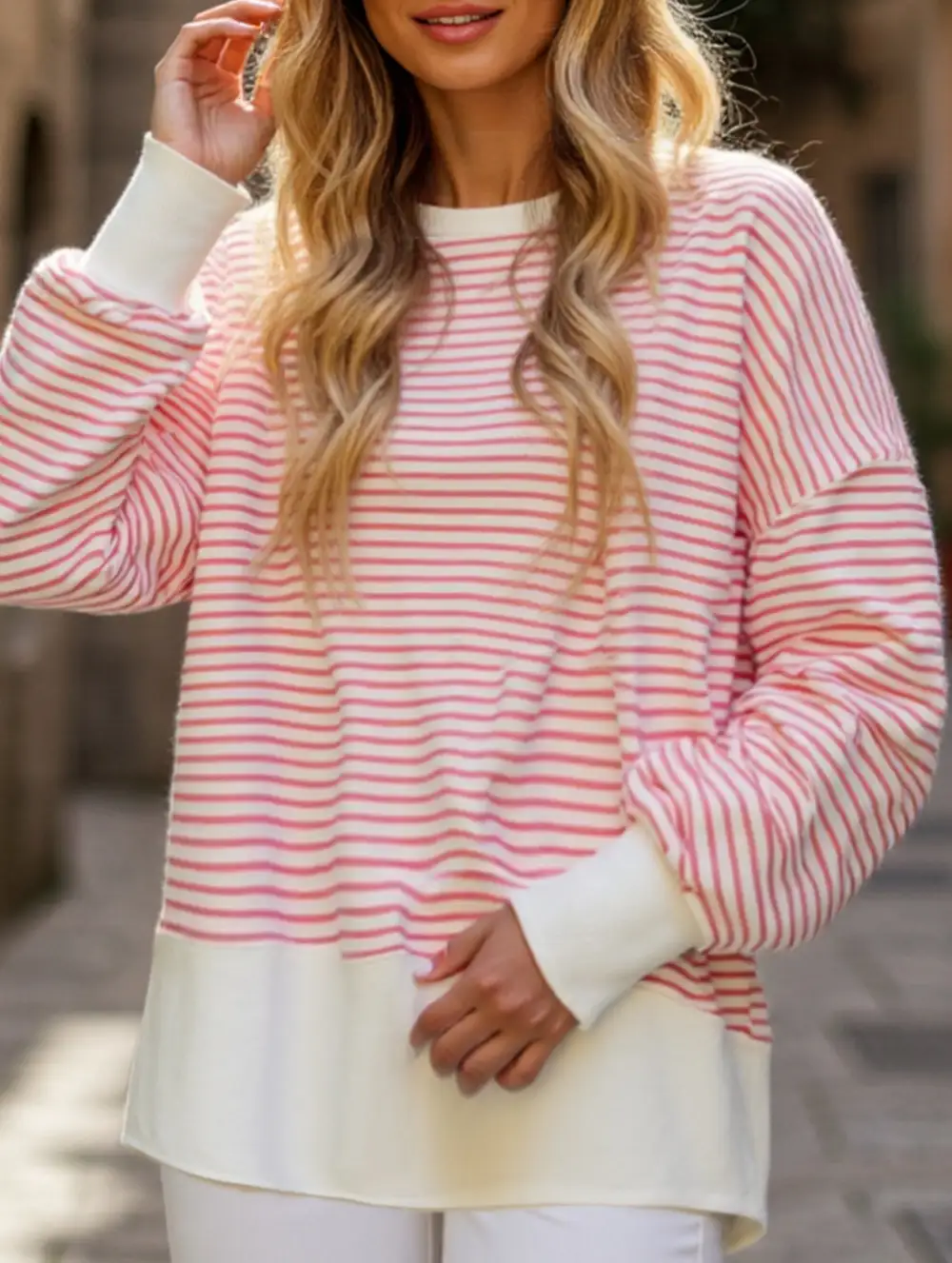 Crew Neck Striped Pullover Sweatshirt