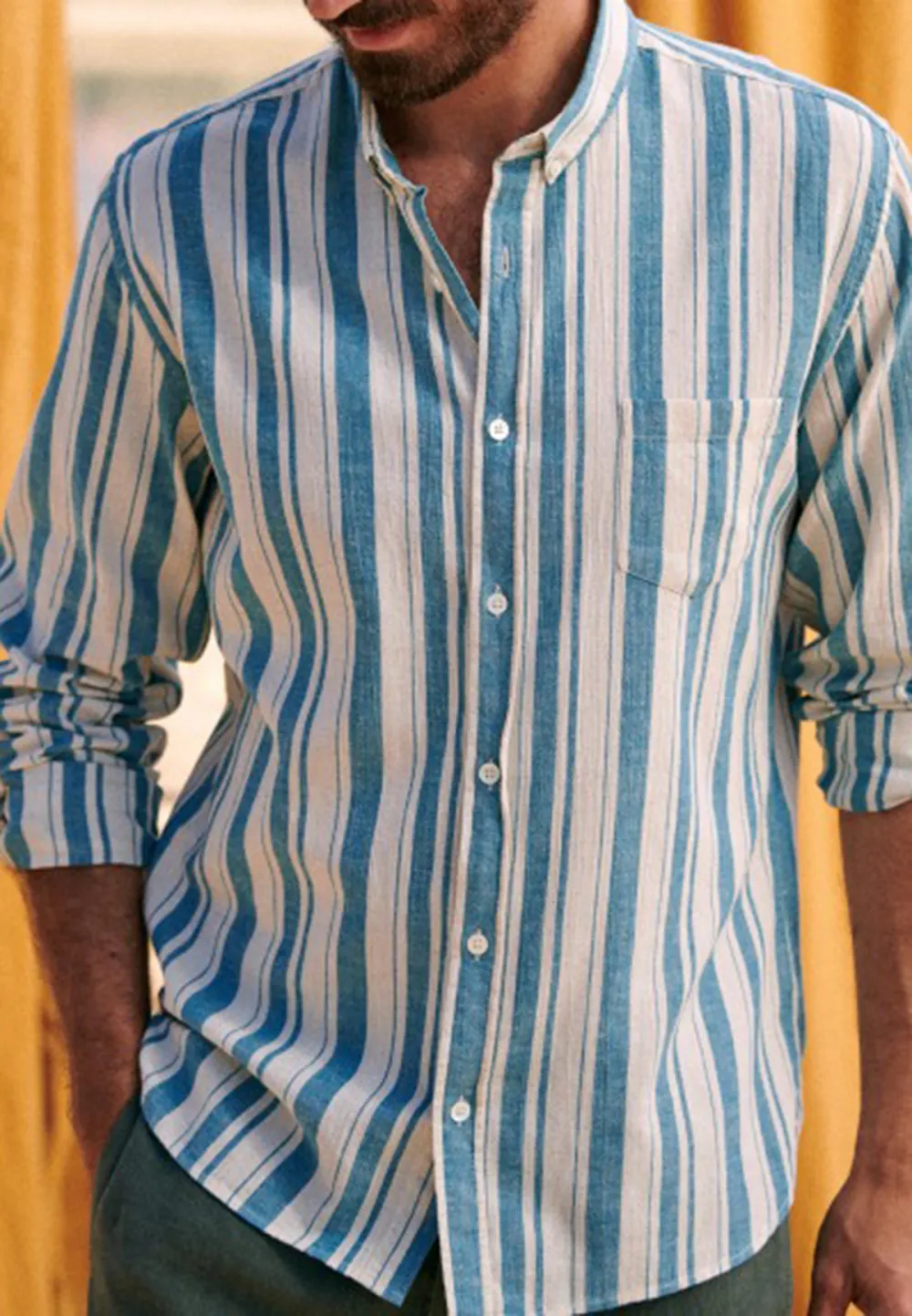 Blue Turquoise Stripe Cotton Linen Blend Shirt